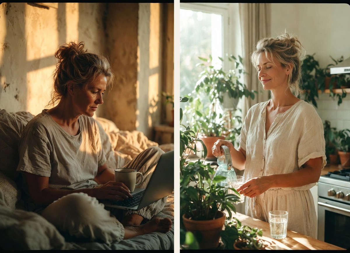 A woman on day zero, tired on the couch with a laptop and coffee, vs. day 90, energized in her kitchen pouring fresh water among thriving plants